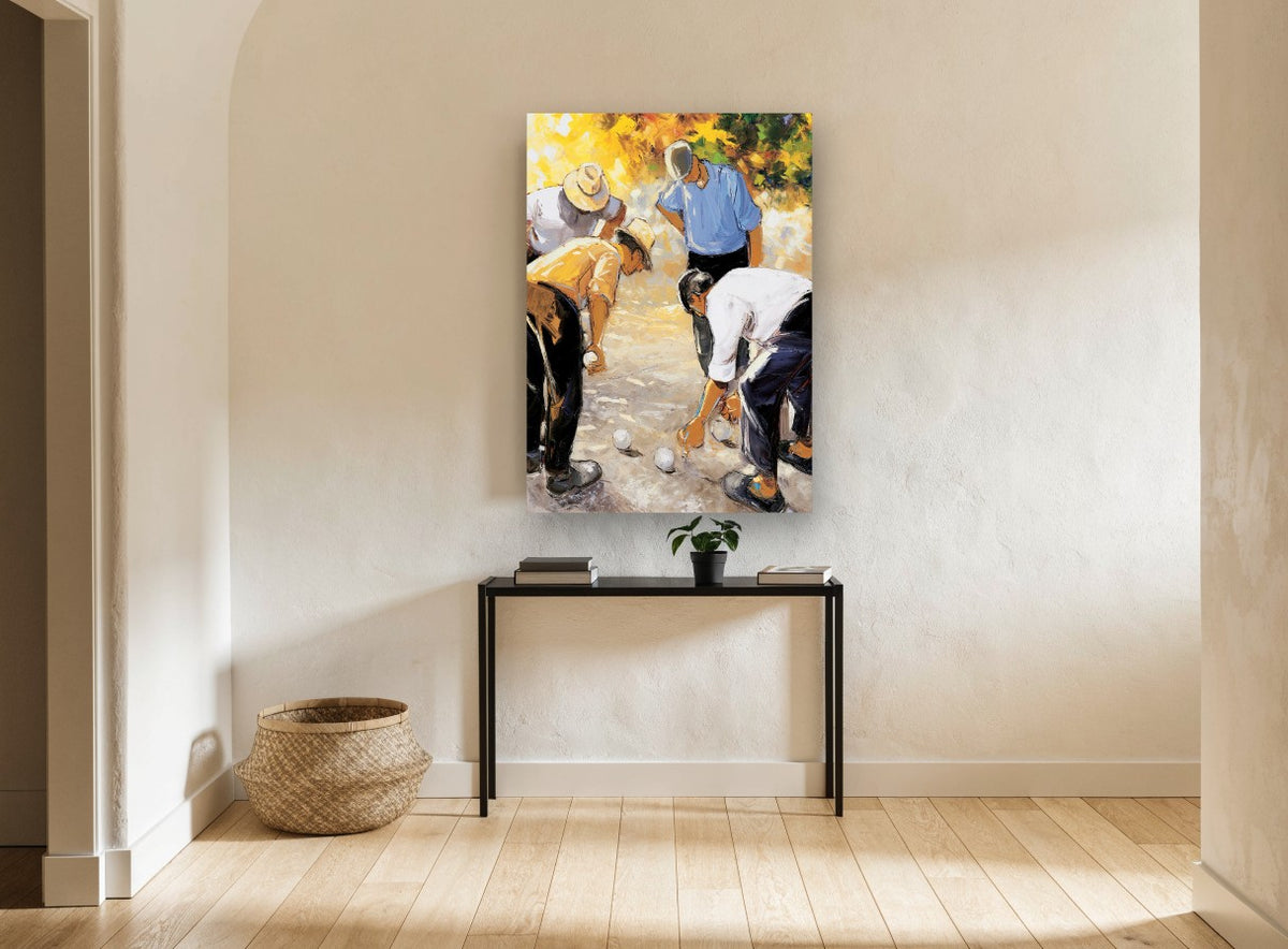 Bocce Players Measuring vintage canvas print on the wall of a hallway