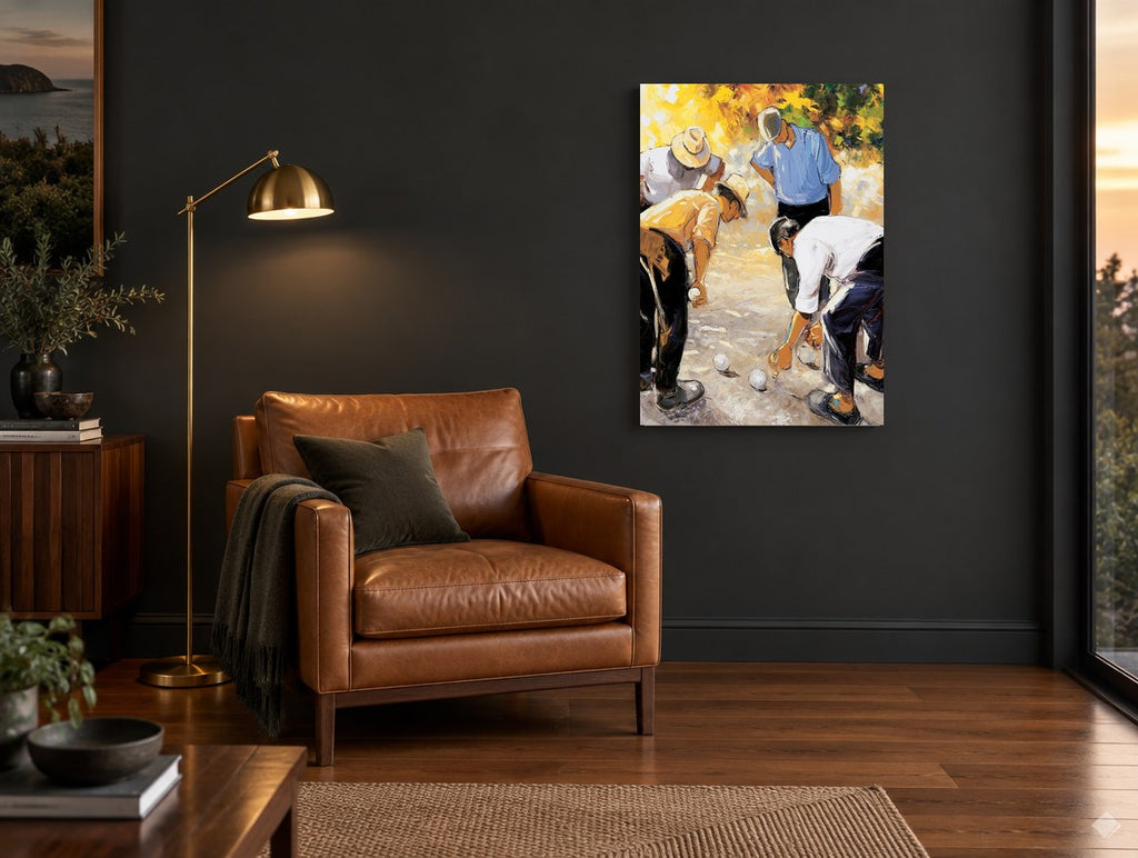 Bocce Players Measuring vintage canvas print on the wall of a charcoal living room