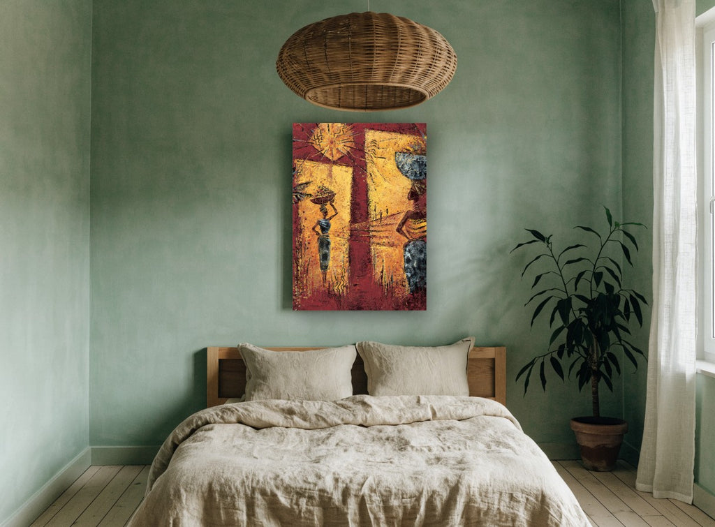 Basket Carriers at Dusk vintage canvas print on the wall of a bedroom