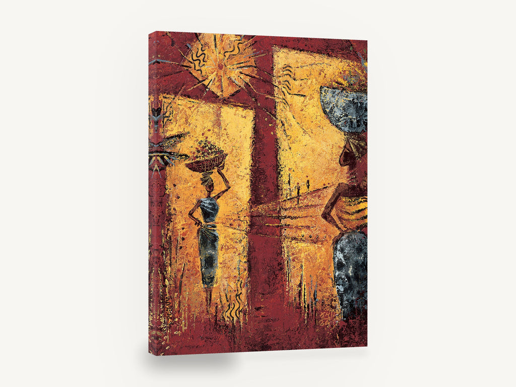 Basket Carriers at Dusk, retro african women carrying baskets art, stretched canvas wall art print ready to hang