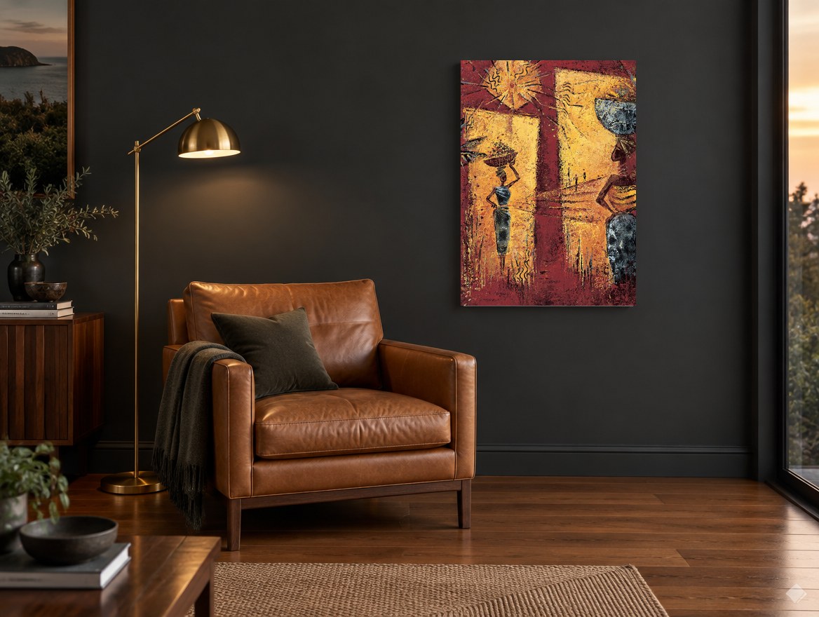 Basket Carriers at Dusk vintage canvas print on the wall of a charcoal living room