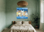 Blue Harbour Village landscape canvas print on the wall of a bedroom