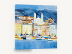 Blue Harbour Village, mediterranean harbour town boats painting, landscape canvas wall art print ready to hang