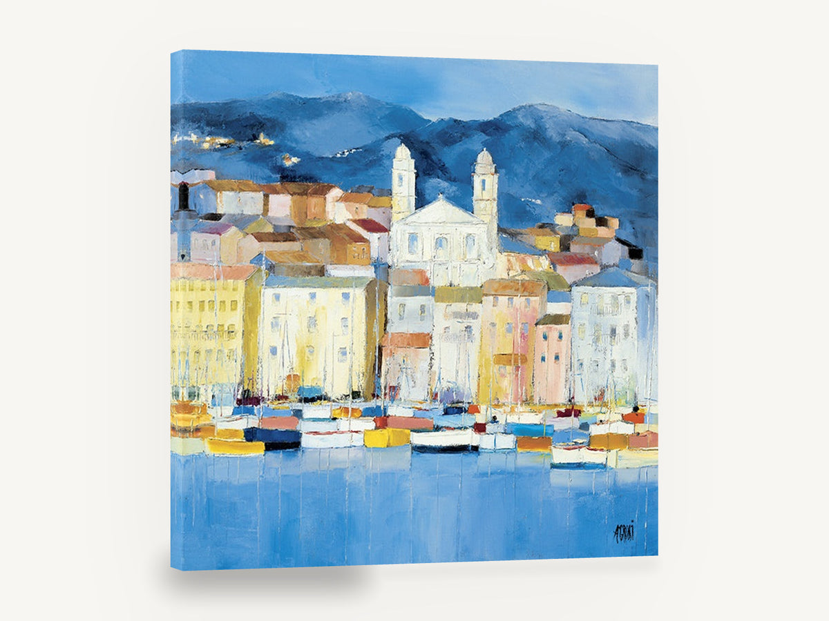 Blue Harbour Village, mediterranean harbour town boats painting, landscape canvas wall art print ready to hang