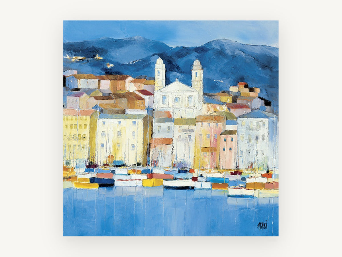 Blue Harbour Village, mediterranean harbour town boats painting, landscape canvas wall art print, front view