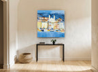 Blue Harbour Village landscape canvas print on the wall of a hallway