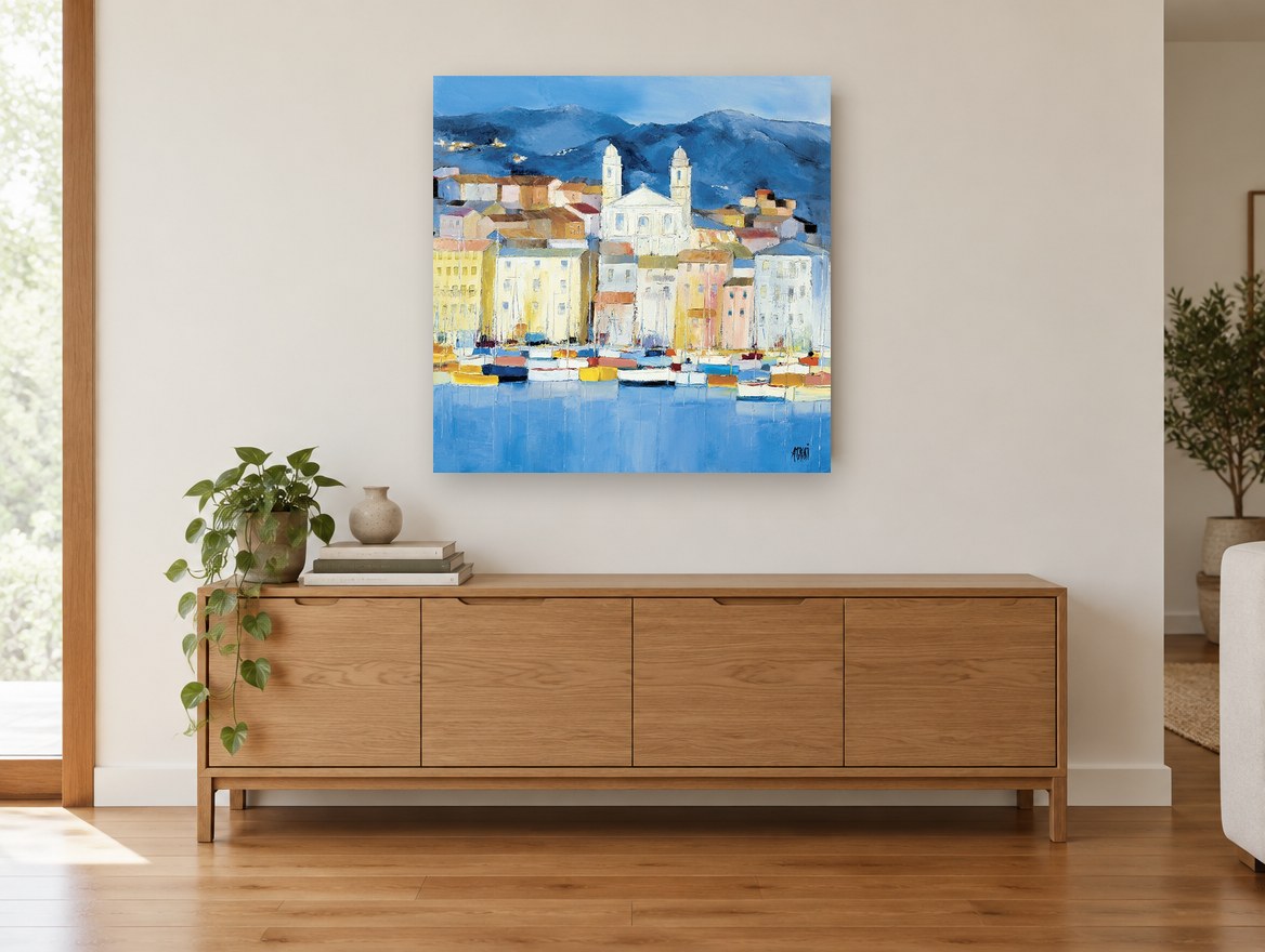 Blue Harbour Village landscape canvas print on the wall of a living room above a sideboard