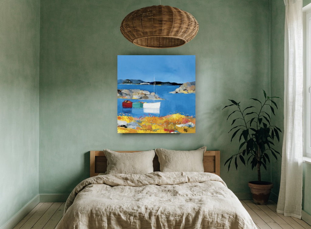 Three Boats Moored Cove coastal canvas print on the wall of a bedroom