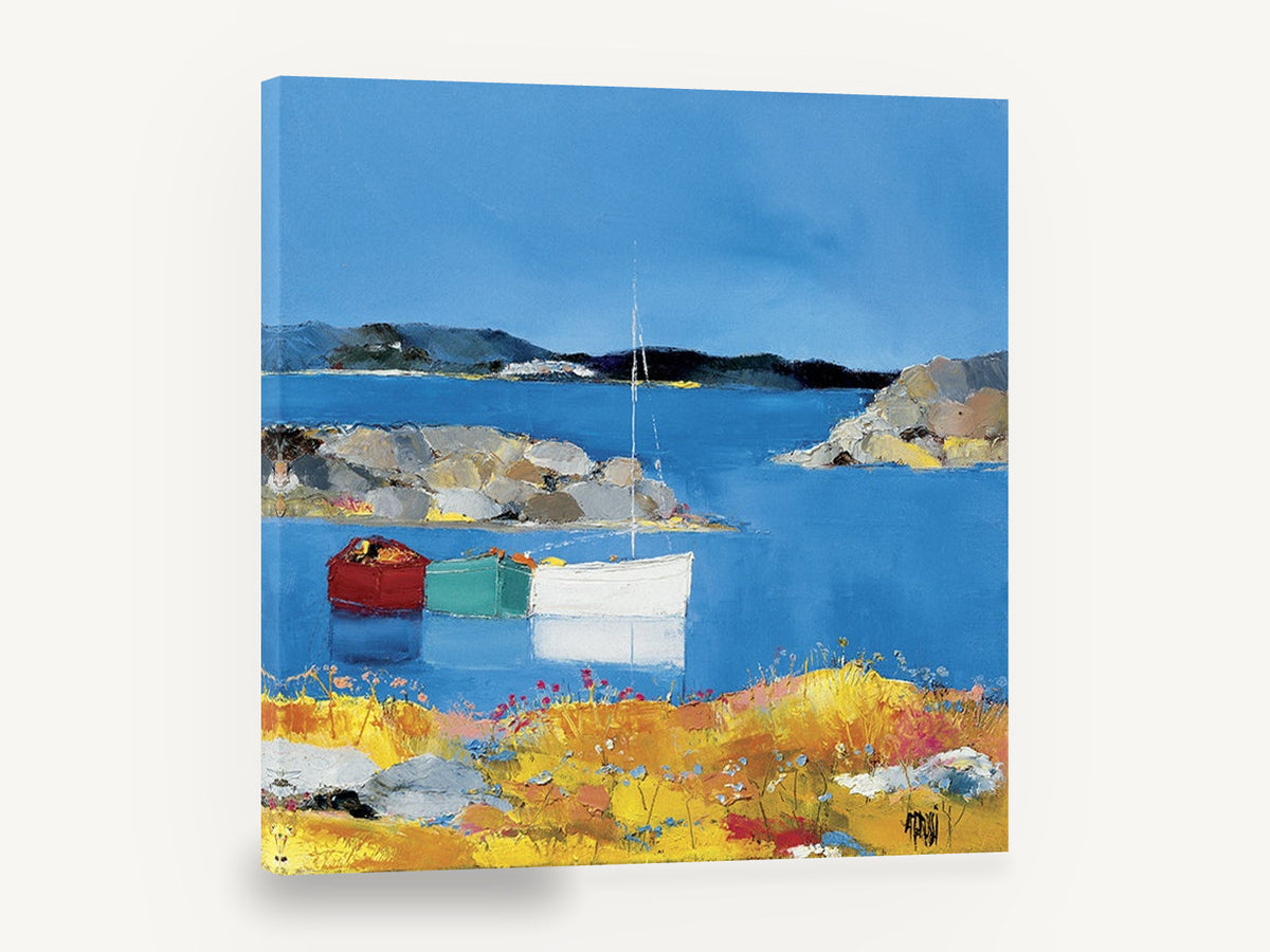 Three Boats Moored Cove, moored boats blue cove seascape, coastal canvas wall art print ready to hang