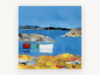 Three Boats Moored Cove, coastal canvas wall art print, front view