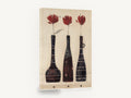 Three Red Blooms, red flowers in dark vases still life, floral canvas wall art print ready to hang