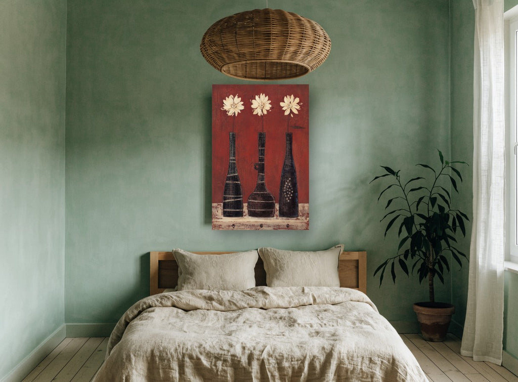 Three Cream Daisies in Red floral canvas print on the wall of a bedroom