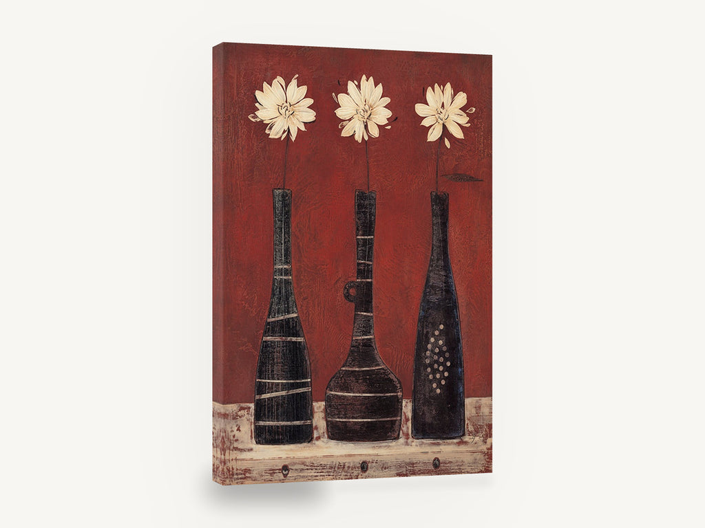 Three Cream Daisies in Red, cream daisies in black vases red, floral canvas wall art print ready to hang