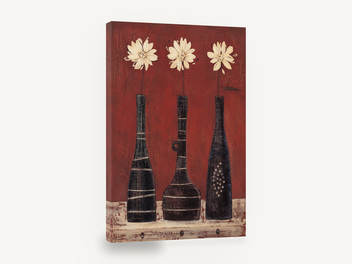 Three Cream Daisies in Red, cream daisies in black vases red, floral canvas wall art print ready to hang