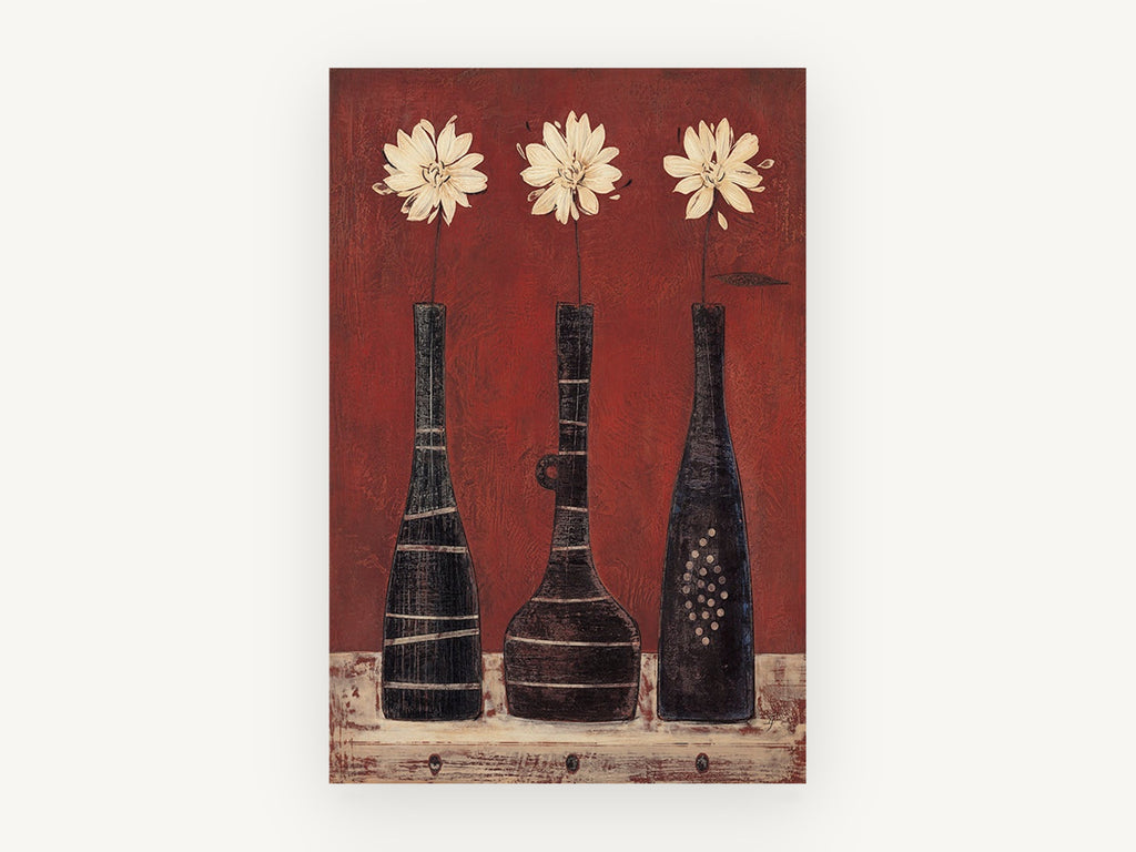 Three Cream Daisies in Red, floral canvas wall art print, front view