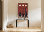 Three Cream Daisies in Red floral canvas print on the wall of a hallway