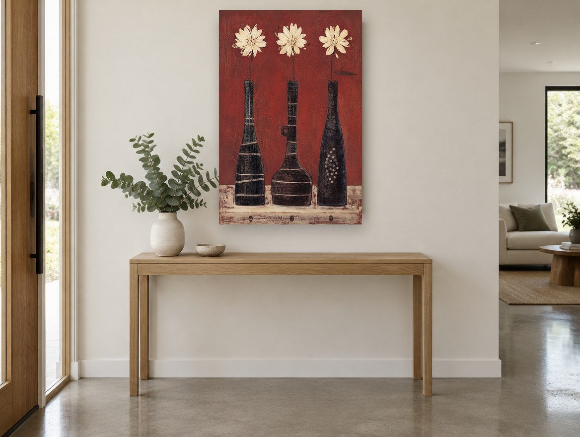 Three Cream Daisies in Red floral canvas print on the wall of a entry hall