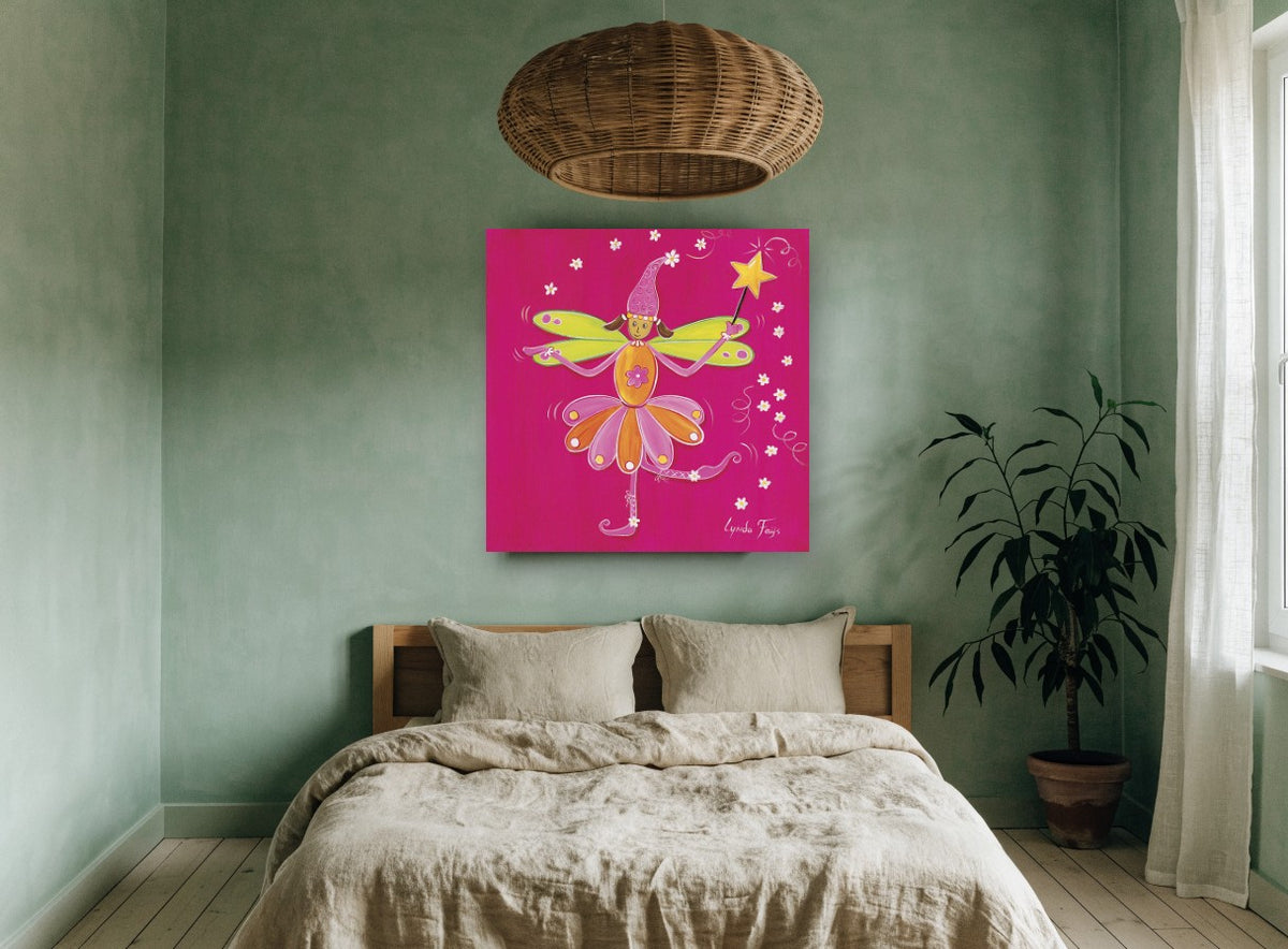 Dancing Flower Fairy floral canvas print on the wall of a bedroom