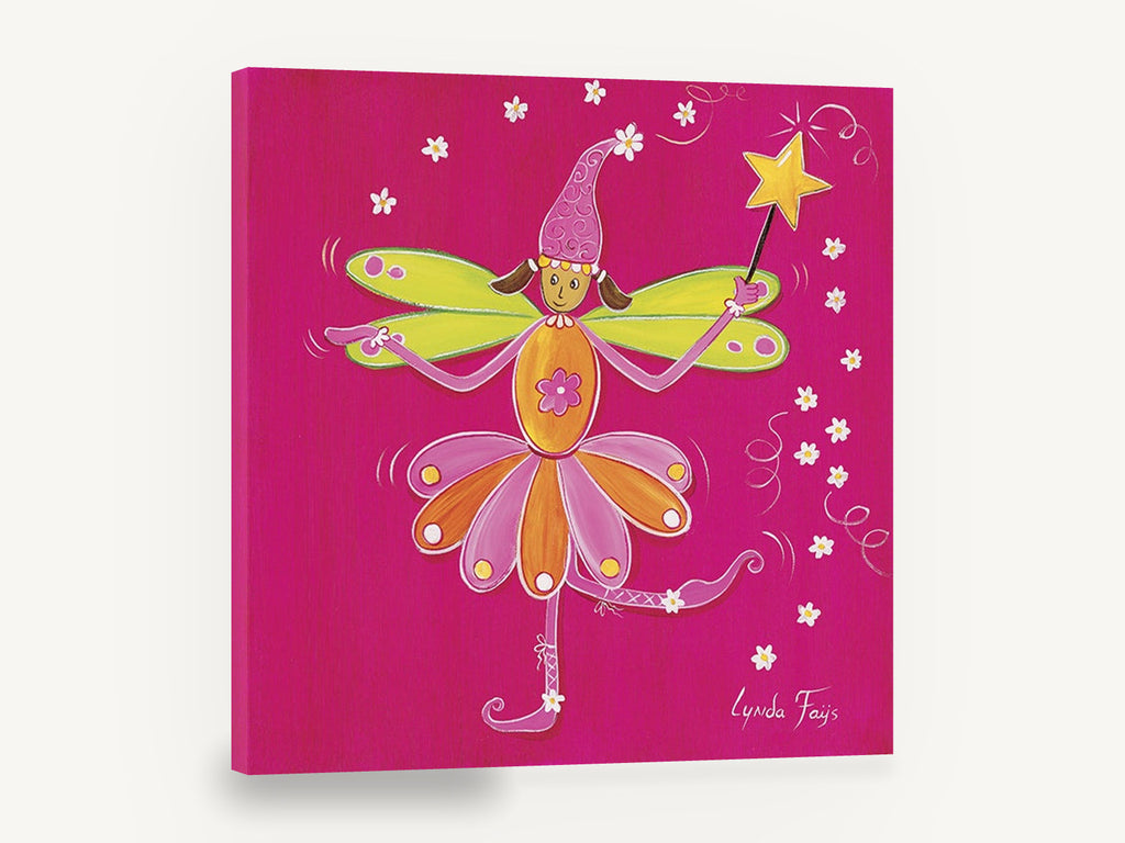 Dancing Flower Fairy, pink fairy with star wand illustration, floral canvas wall art print ready to hang
