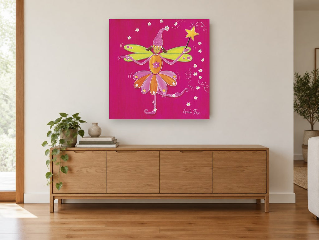 Dancing Flower Fairy floral canvas print on the wall of a living room above a sideboard