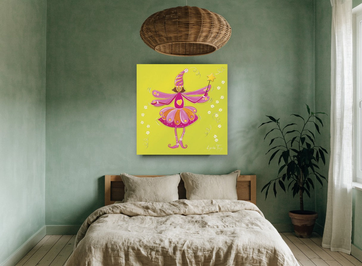 Pink Fairy with Star Wand floral canvas print on the wall of a bedroom