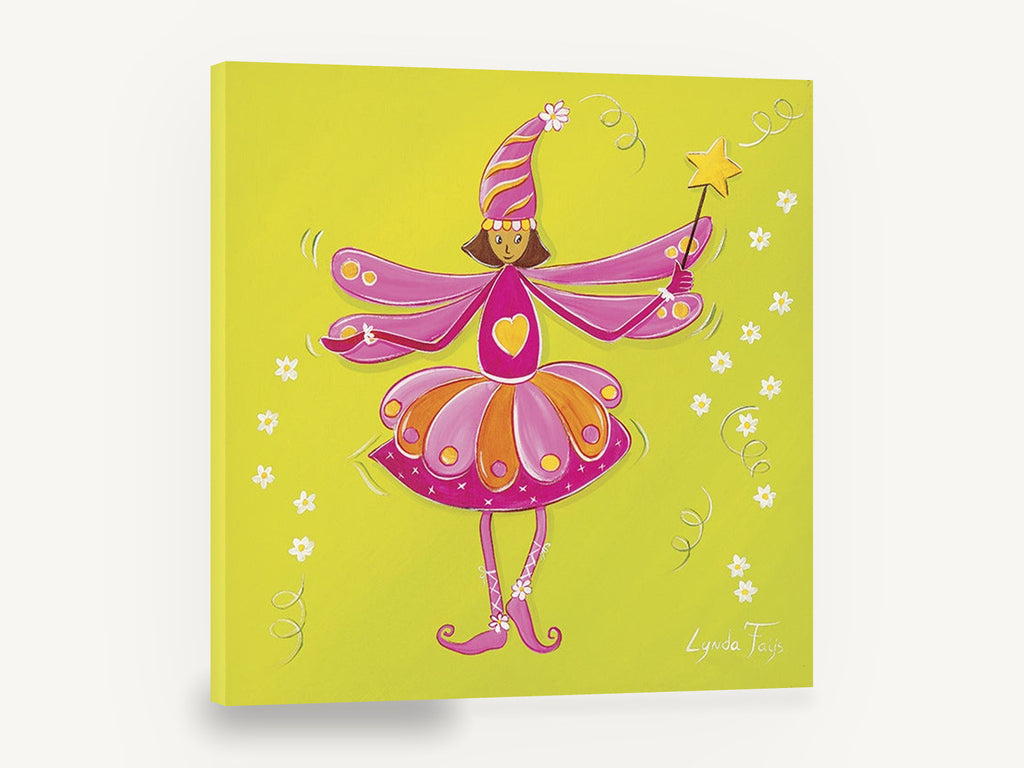 Pink Fairy with Star Wand, pink fairy star wand children's illustration, floral canvas wall art print ready to hang