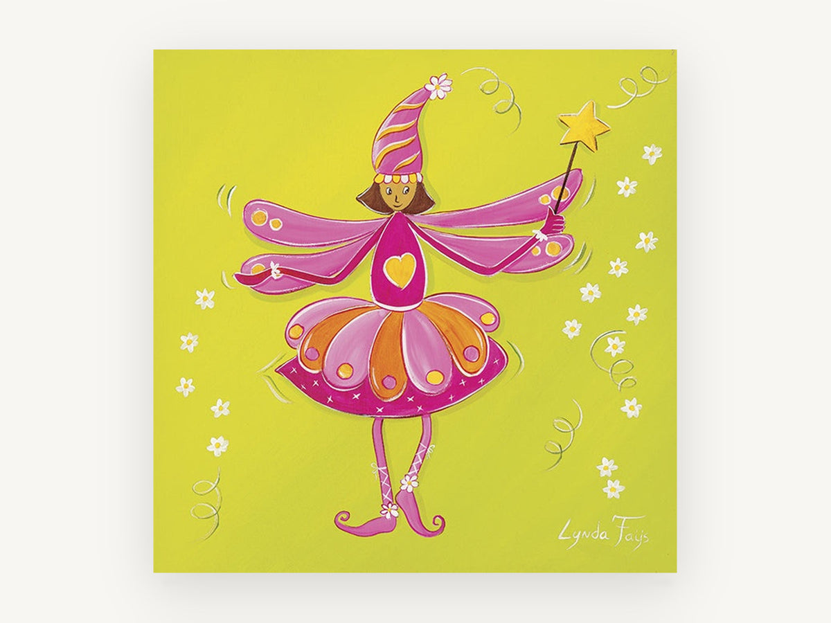 Pink Fairy with Star Wand, floral canvas wall art print, front view