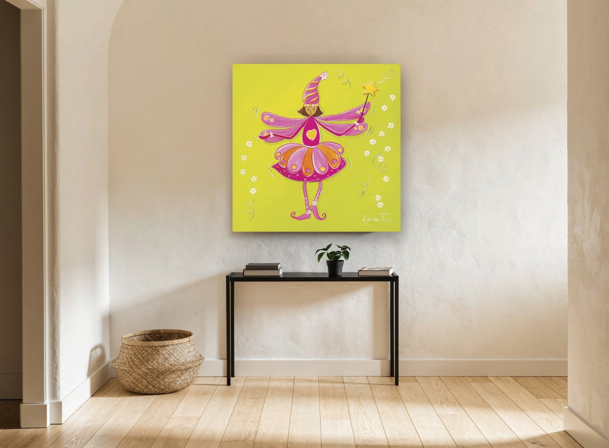 Pink Fairy with Star Wand floral canvas print on the wall of a hallway