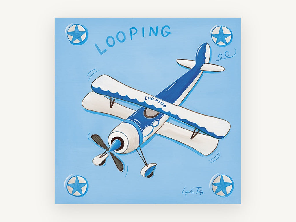 Blue Looping Biplane, blue biplane kids illustration, kids canvas wall art print, front view