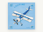 Blue Looping Biplane, blue biplane kids illustration, kids canvas wall art print, front view