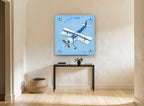 Blue Looping Biplane kids canvas print on the wall of a hallway