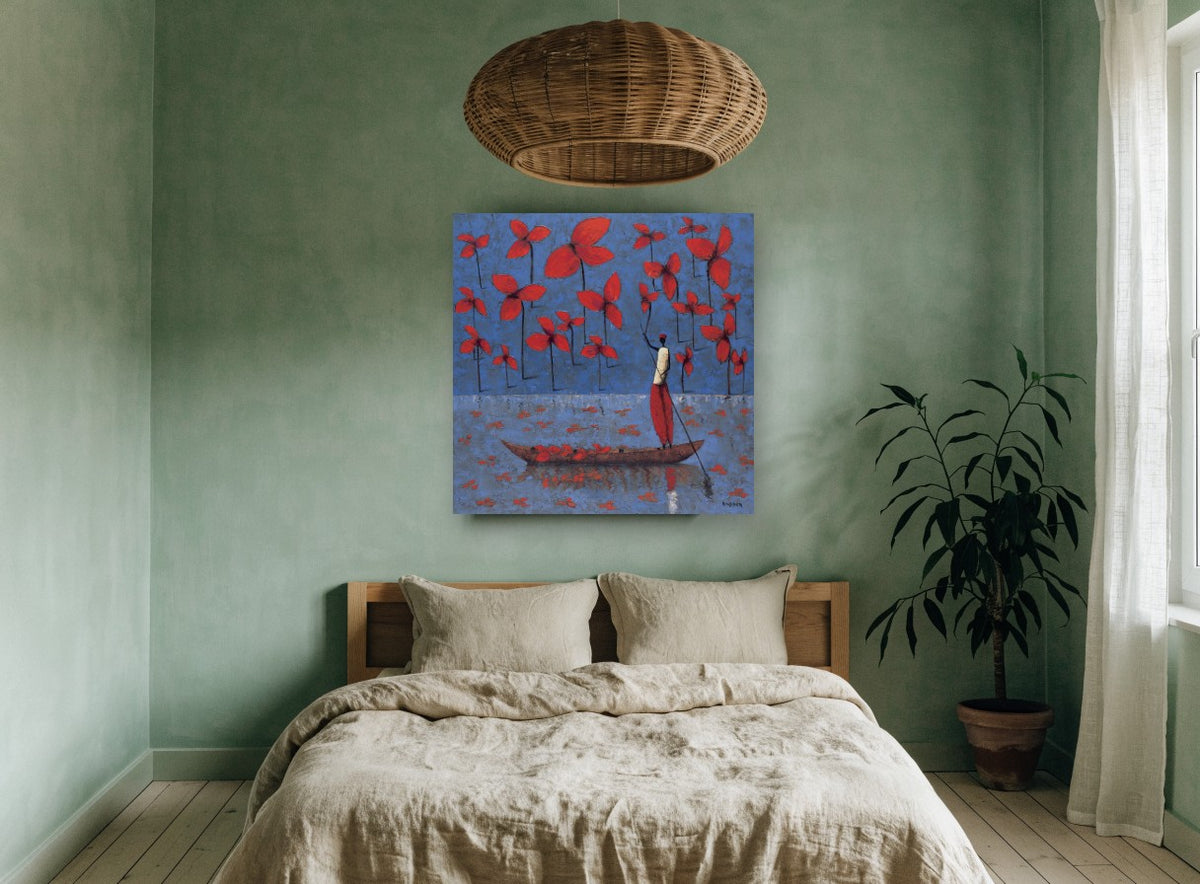 Red Blooms Boatman floral canvas print on the wall of a bedroom
