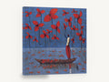 Red Blooms Boatman, red flowers boatman blue painting, floral canvas wall art print ready to hang