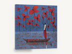 Red Blooms Boatman, red flowers boatman blue painting, floral canvas wall art print ready to hang