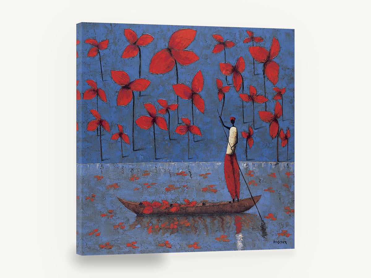 Red Blooms Boatman, red flowers boatman blue painting, floral canvas wall art print ready to hang