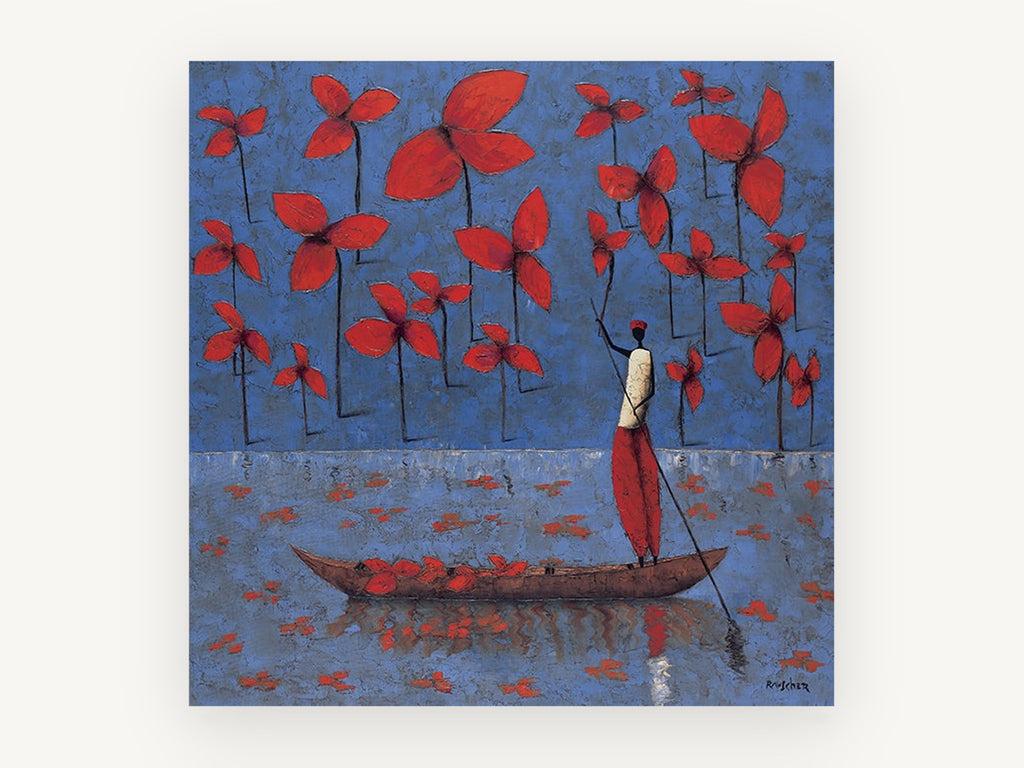 Red Blooms Boatman, floral canvas wall art print, front view