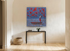 Red Blooms Boatman floral canvas print on the wall of a hallway