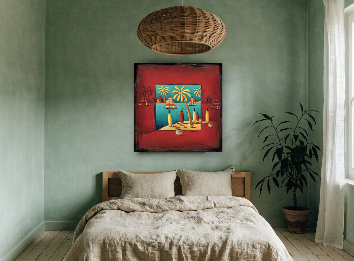 Red Island Sails coastal canvas print on the wall of a bedroom