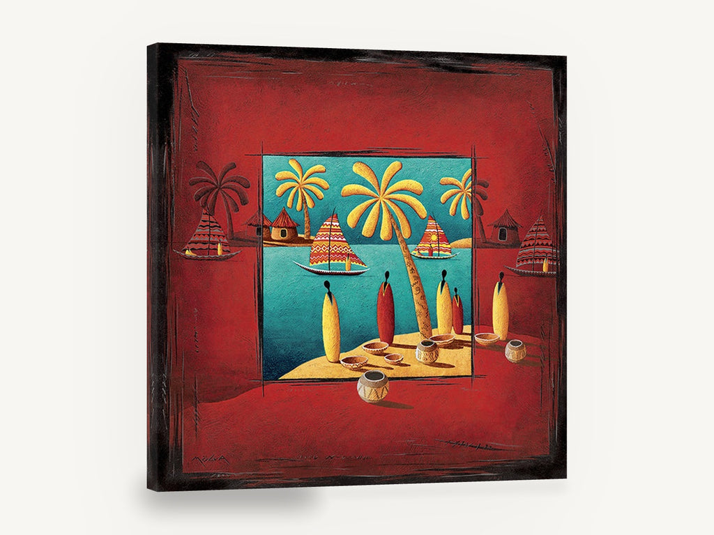 Red Island Sails, island palms and sailboats folk art, coastal canvas wall art print ready to hang