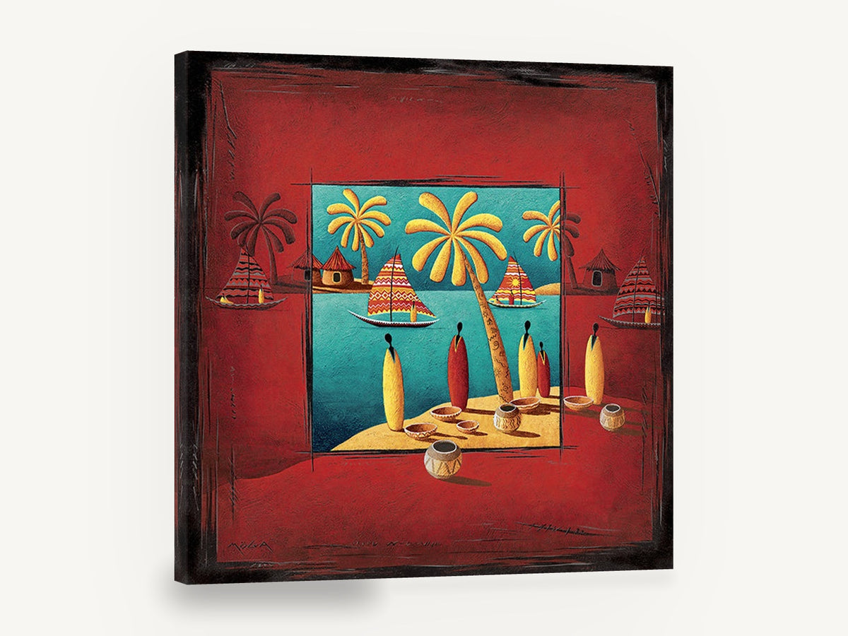 Red Island Sails, island palms and sailboats folk art, coastal canvas wall art print ready to hang