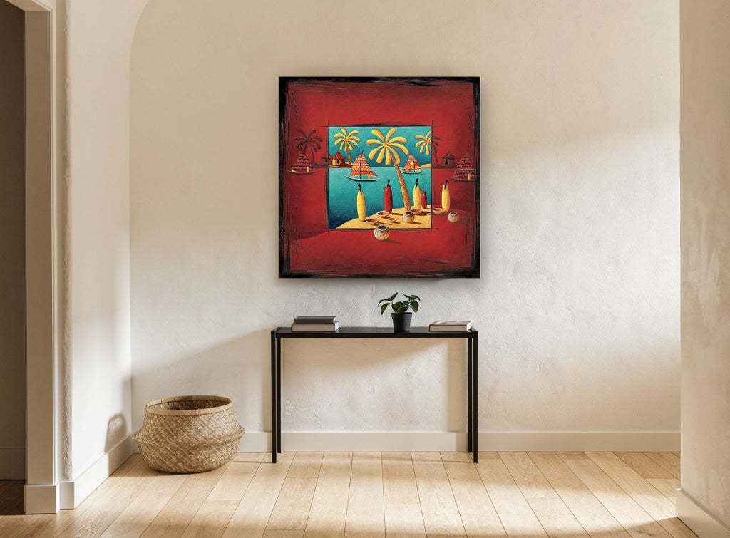 Red Island Sails coastal canvas print on the wall of a hallway