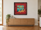 Red Island Sails coastal canvas print on the wall of a living room above a sideboard