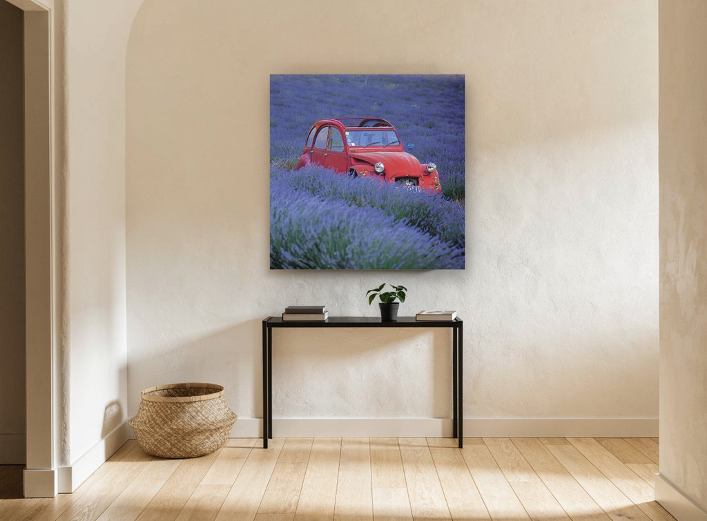 Red Car in Lavender floral canvas print on the wall of a hallway