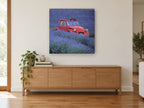 Red Car in Lavender floral canvas print on the wall of a living room above a sideboard