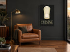Chef's Toque Cuisine kitchen canvas print on the wall of a charcoal living room