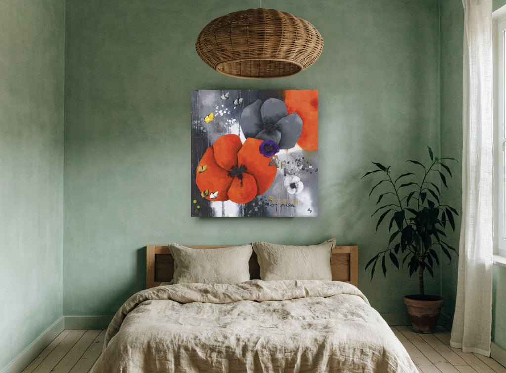 Orange and Grey Poppies floral canvas print on the wall of a bedroom