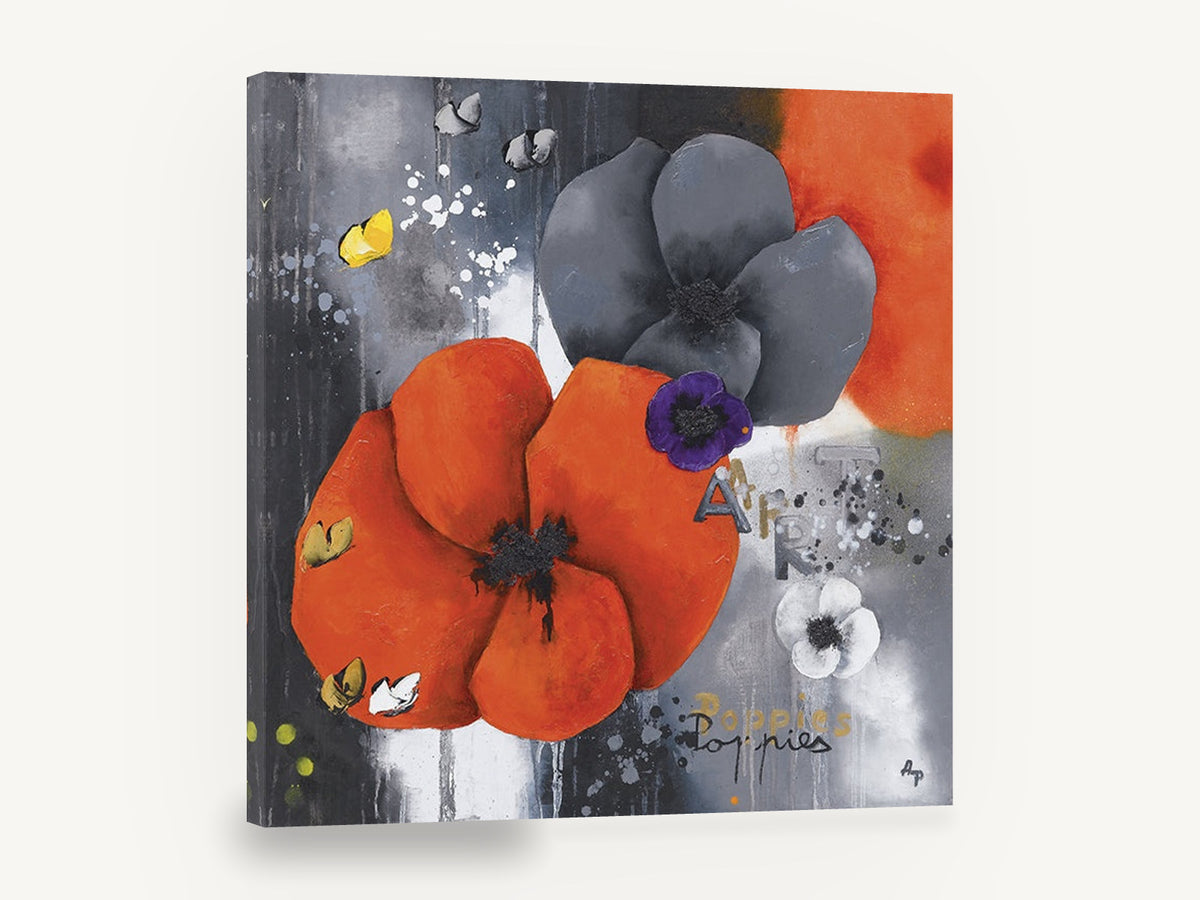 Orange and Grey Poppies, orange and grey poppy mixed media floral, floral canvas wall art print ready to hang