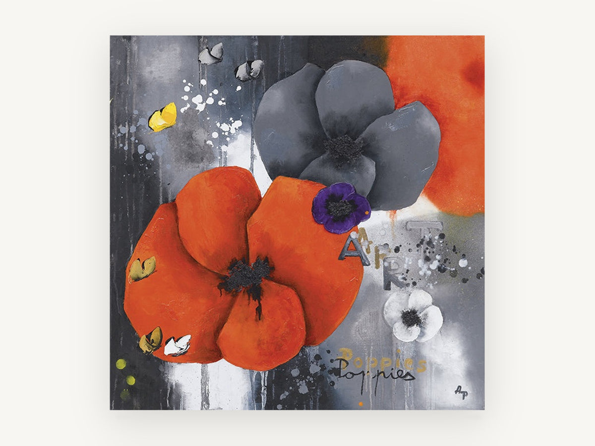 Orange and Grey Poppies, floral canvas wall art print, front view