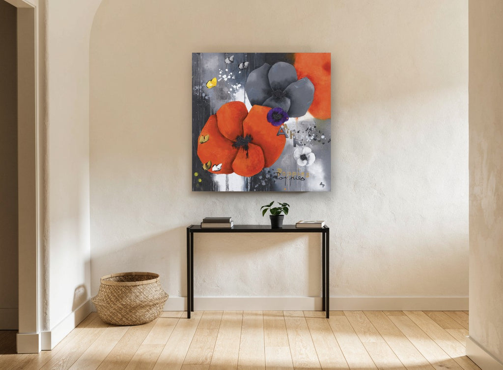 Orange and Grey Poppies floral canvas print on the wall of a hallway