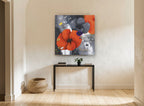 Orange and Grey Poppies floral canvas print on the wall of a hallway